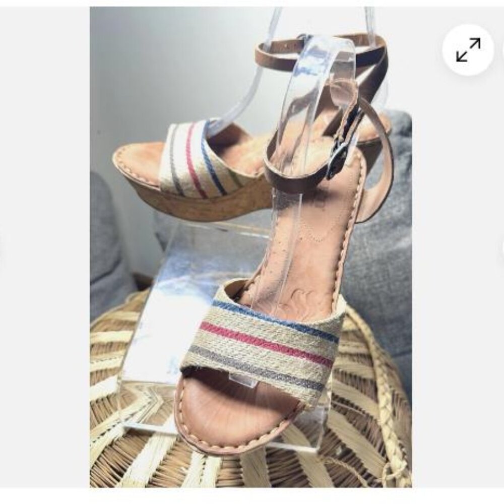 Born Women's Wapita Sandal Size 9 Cork Wedge Platform Ankle Wrap Striped Boho